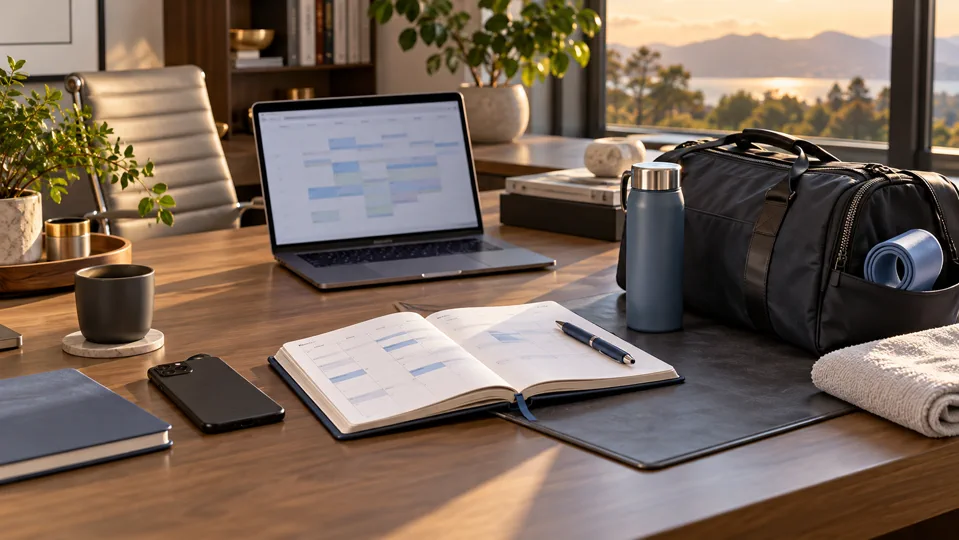 Organized executive home office with planner, travel bag and fitness gear for schedule coordination