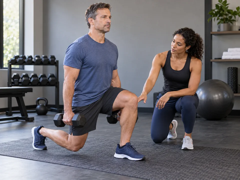 Independent trainer coaching an adult client through a controlled dumbbell exercise