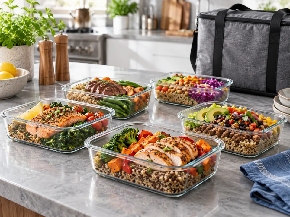 Balanced prepared meals arranged in glass containers beside an insulated delivery tote