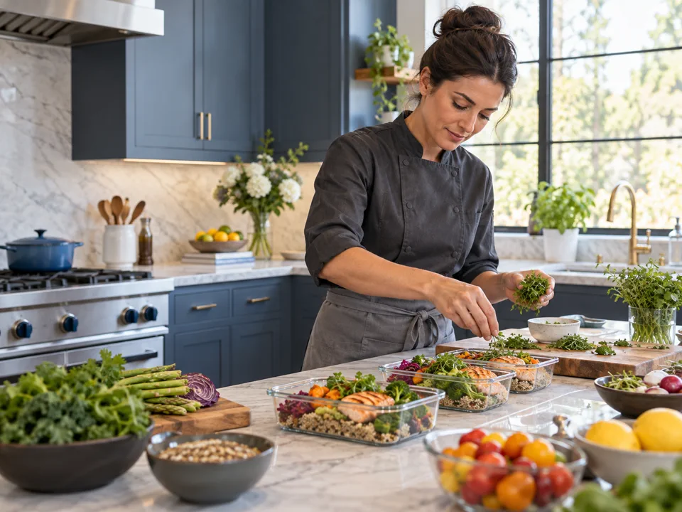 Independent chef preparing colorful meals in a contemporary private home kitchen