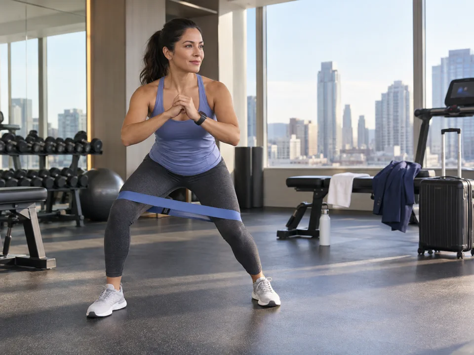 Executive using a resistance band in a hotel gym with travel luggage nearby